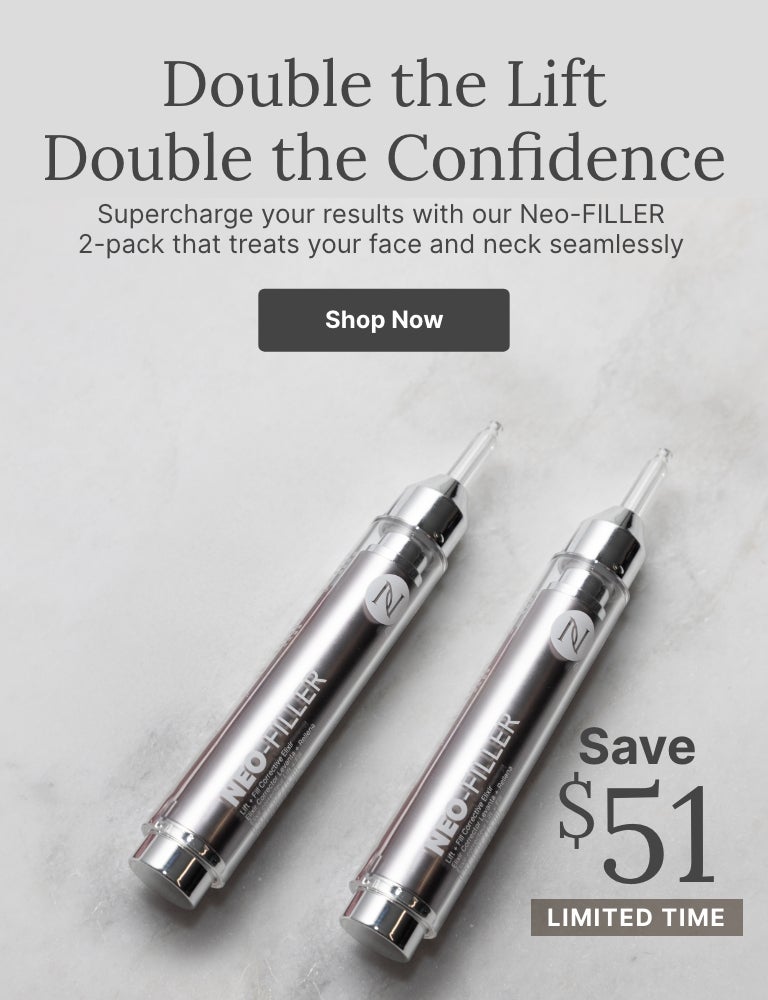 A 2-pack of Neo-FILLER tubes. Accompanying text mentions supercharging your skincare results with the Neo-FILLER 2-pack. Plus, save $51 for a limited time.